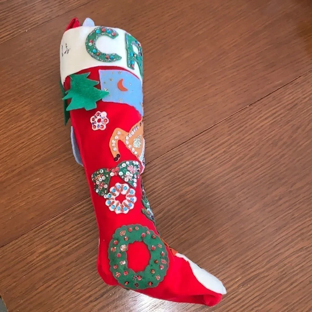 Vtg 60s large red felt hand decorated‎ Christmas stocking